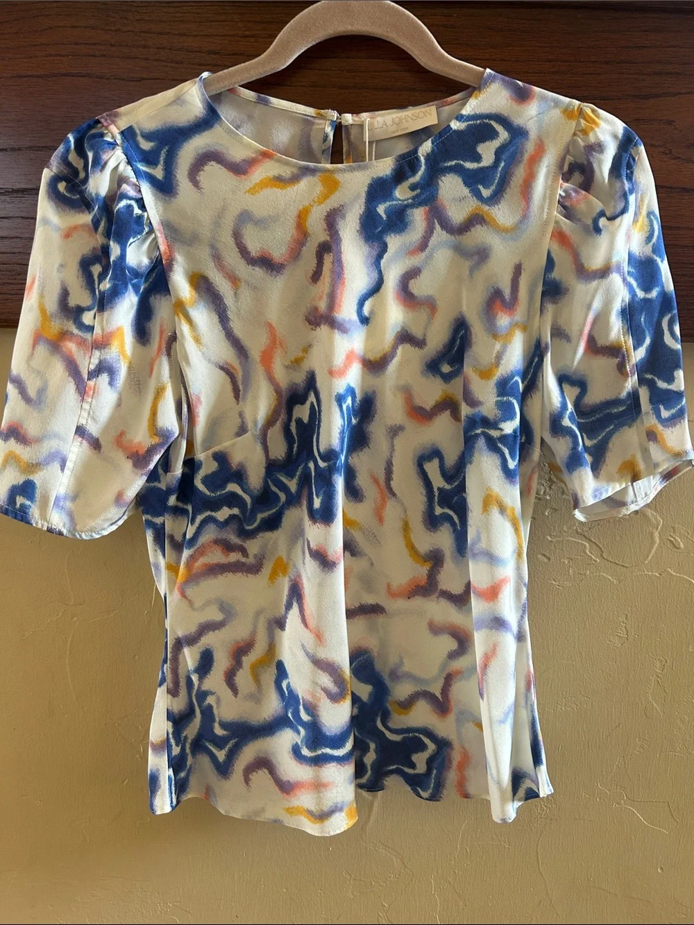 Ulla Johnson Cream Silk Blouse with Blue, Yellow & Pink Abstract Print